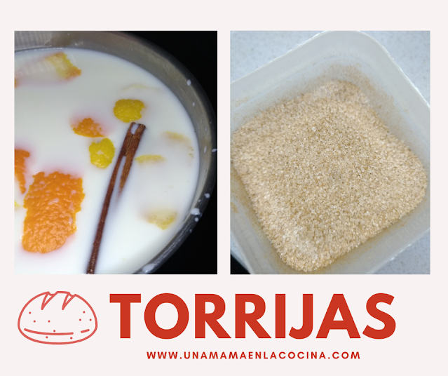 Torrijas caseras receta, cazo con leche canela piel de naranja y limón y mezcla de azúcar con canela